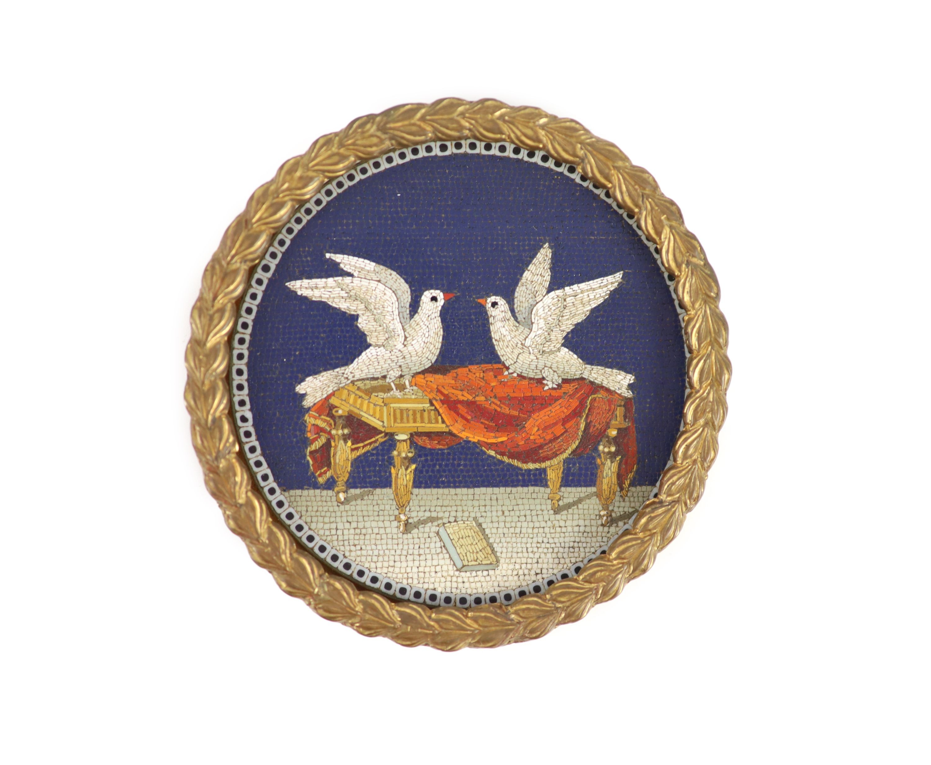 A cased 19th century Italian micro mosaic panel, decorated with Pliny's doves, 6.5cm diameter